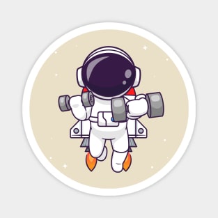 Cute Astronaut Lifting Dumbbell With Rocket Cartoon Magnet